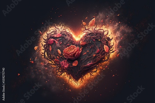 Gothic Valentine heart on fire with flowers and petals against dark background, generative AI