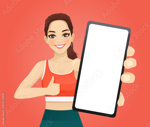 Sport young woman showing blank screen phone with thumb up isolated vector illustration