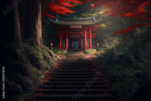 Canvas Print In front of the stairs leading up to the red Japanese shrine in the deep forest,