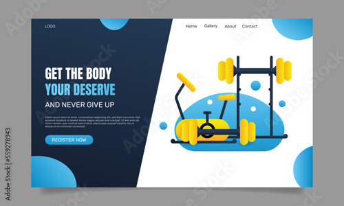 Fitness trainer web banner or landing page. Workout in the gym. - Vector.
