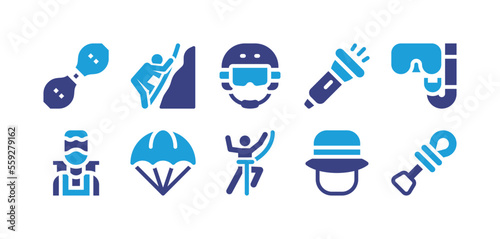 Adventure icon set. Duotone color. Vector illustration. Containing caster  rope  helmet  flashlight  snorkeling  tourist  parachuting  adventure  hat  nut.