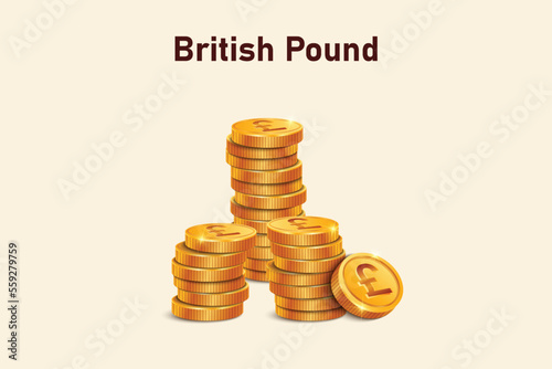 Stack of Pound Sterling gold coins. Realistic 3D gold coins. Ecommerce free credit concept. photo