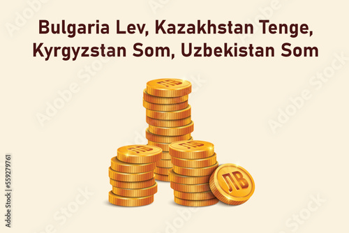 Stack of Lev, Tenge or Som gold coins. Realistic 3D gold coins. Ecommerce free credit concept.