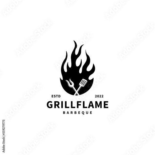 grill fire flame with spatula and fork vintage icon logo design 2