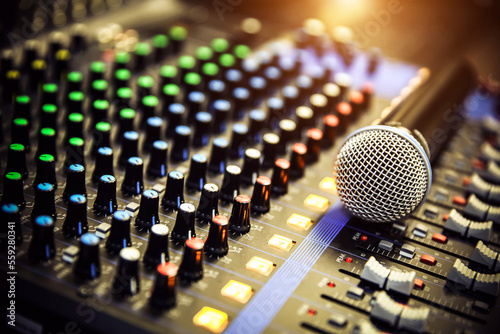 Close-up microphone and sound mixer in studio for sound record control system and audio equipment and music instrument