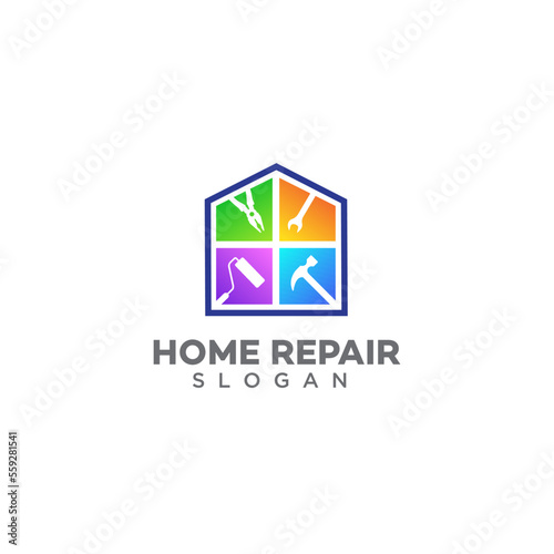 Home improvement logo, Home, Real Estate, Construction, Building Logo, House Vector, Tools icon, Fixed house sign, Home repair icon