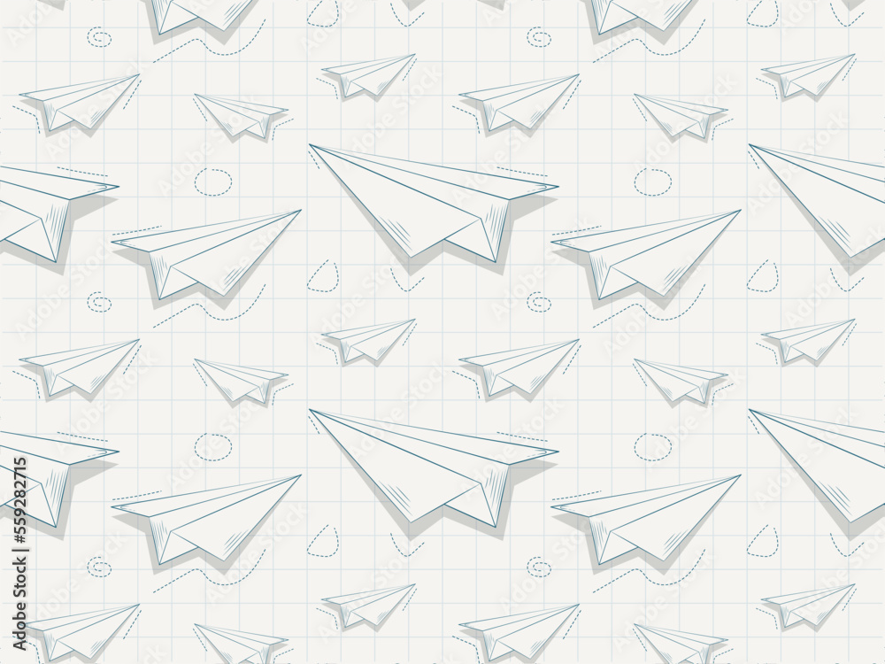 Paper airplanes doodle icon in school notebook seamless pattern background. plane hand drawn sketch in vector illustration. Paper airplanes doodle icon in school notebook seamless pattern background. plane hand drawn sketch in vector illustration.