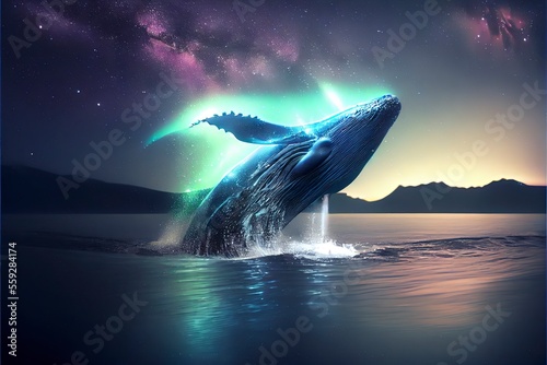 Humpback whale breaching water with breathtaking aurora shimmering on dreamy