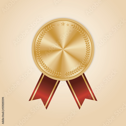 Gold award sport 1st place medal red ribbon 3d realistic vector.