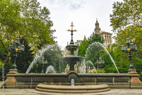 The fountain in City Hall Park in Lower Manhattan New York City. photo