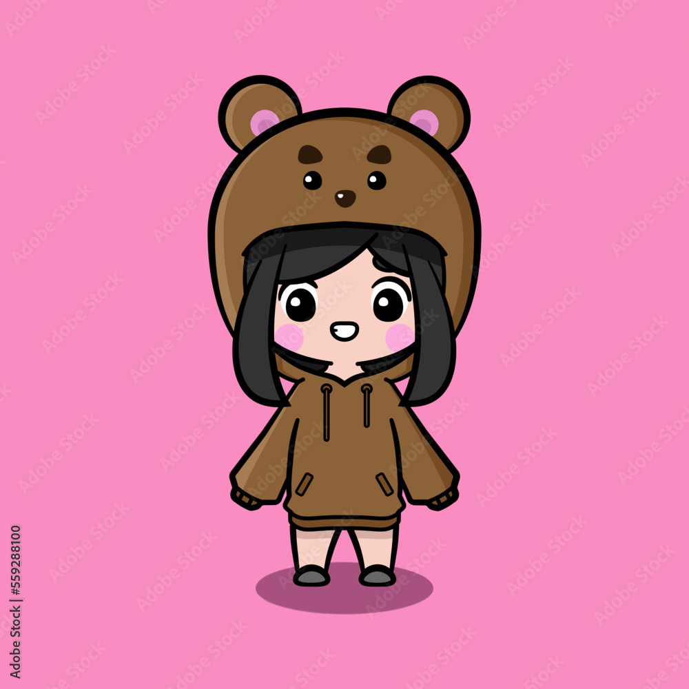 Fototapeta premium Cute girl wearing oversize jumper. Brown bear character oversize jumper. Fit for mascot, children's book, icon, t-shirt design, etc.