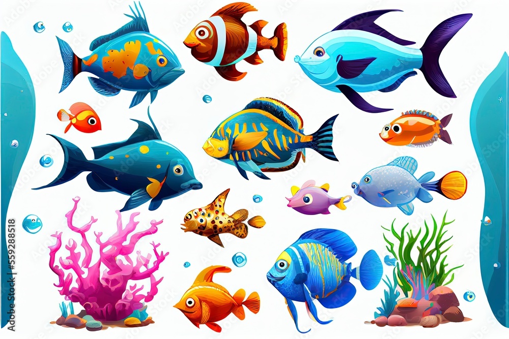 Fototapeta premium Cartoon childrens aquarium and wild sea fishes