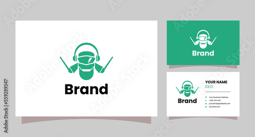 drummer robot logo wearing headset with business card
