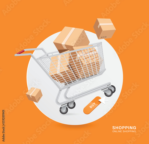 parcel box or cardboard display in shopping cart or trolley and all place on white circle
