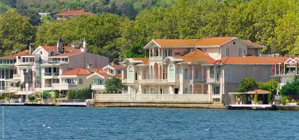 View from the sea of the European side of Bosphorus strait, Istanbul, Turkey, with traditional houses, and green mountains with dense green trees, in a summer day