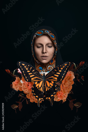 Surreal dark portrait of woman with butterfly and flowers