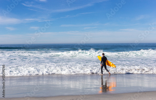 A man with a serf board walking into the ocean