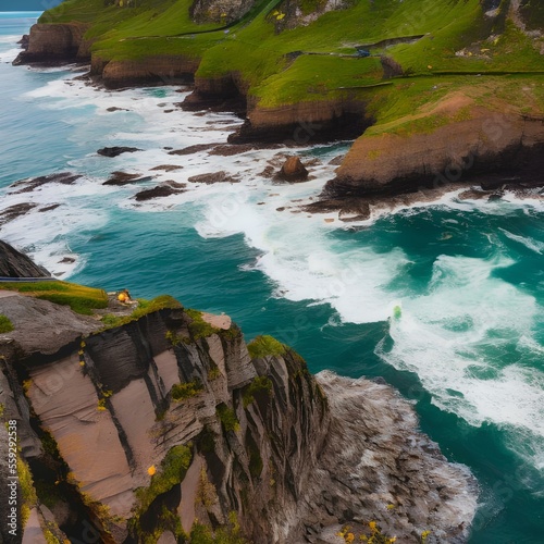 A rocky coastline with waves crashing against the cliffs