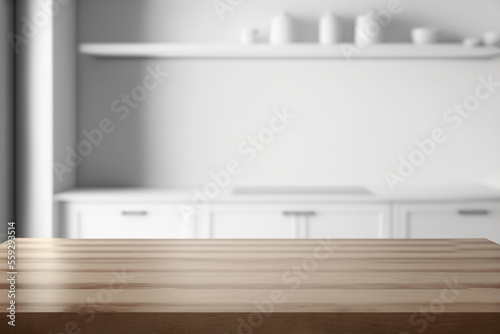 Wooden texture table top on blurred kitchen window background. For product display or design key visual layout. Generative AI