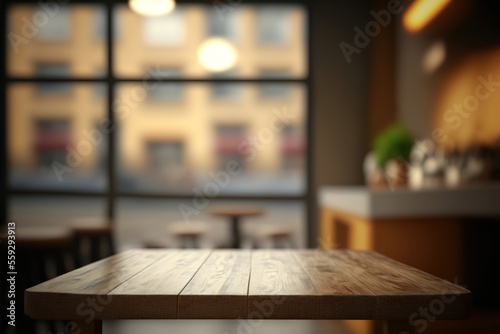 Wooden texture table top on blurred cafe window background. For product display or design key visual layout. Generative AI