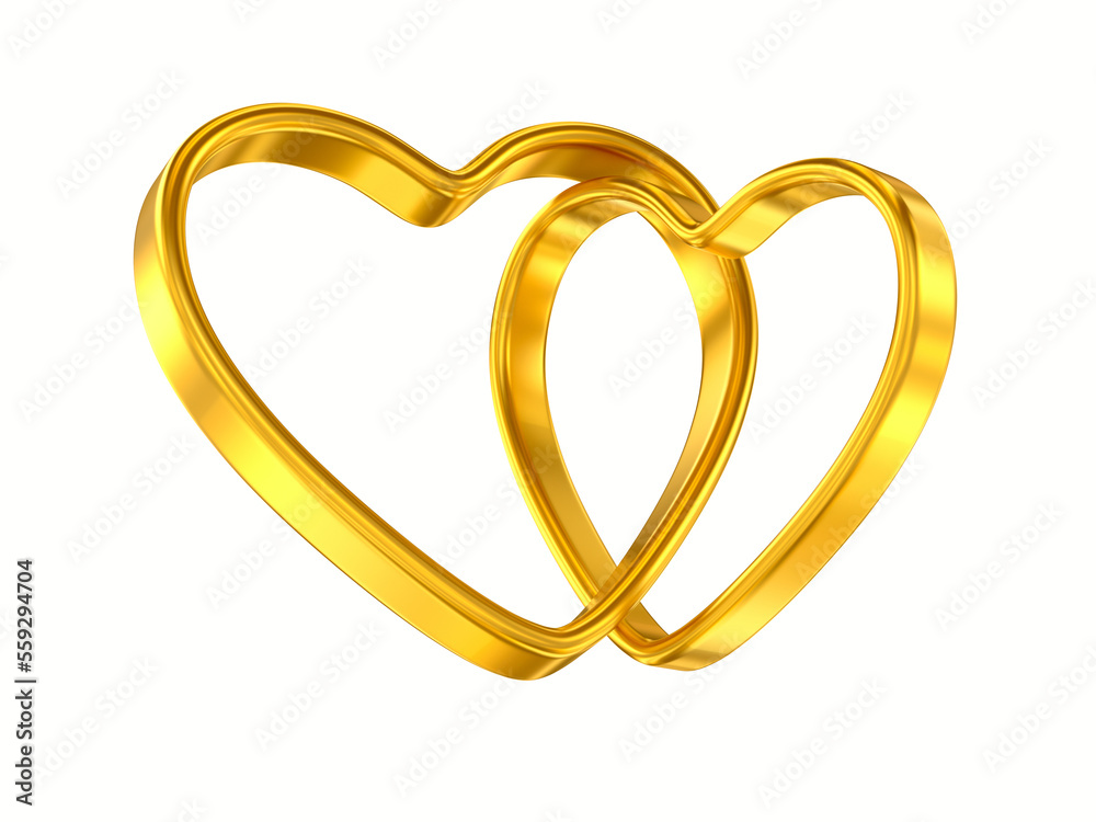 Two golden hearts on white background. Isolated 3D illustration Two golden hearts on white background. Isolated 3D illustration