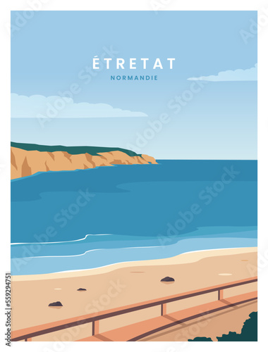 beautiful seascape of with rock cliff and beach in Etretat Normandy, France. vector illustration landscape with colored style for poster, travel poster, postcard, card, art print.