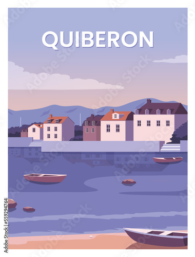 Leinwand Poster Beautiful sunset over the city in Quiberon