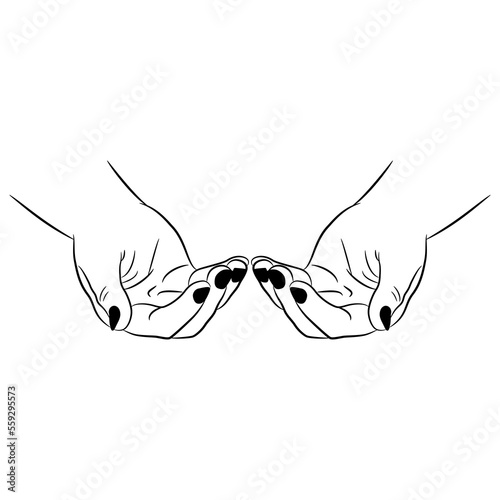 Two cupped female hands with black nails. Empty palms with bent fingers. Scooped gesture. Black and white silhouette. Cartoon style. Isolated vector illustration.