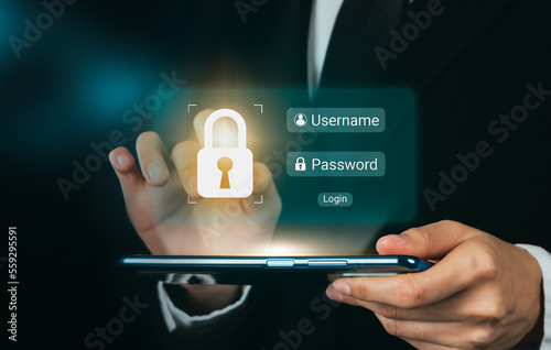 Hand holding smartphone and press scan to login screen, private data and prevent identity.