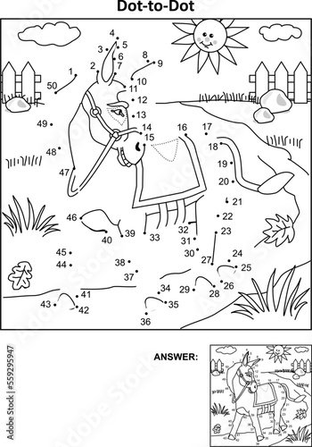 Donkey dot-to-dot hidden picture puzzle and coloring page. Answer included.
