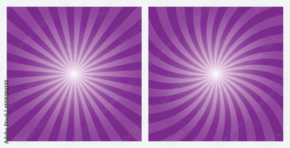 Purple sunshine colorful vector background. Radial and swirl retro sunburst abstract blue wallpaper for banner, ad, social media and template. Rays background as design element.