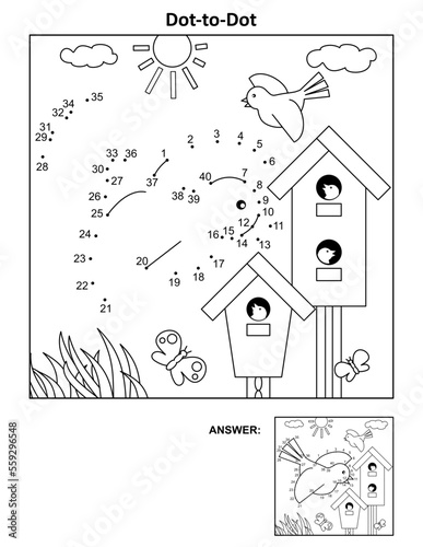 Springtime bird dot-to-dot hidden picture puzzle and coloring page with birdhouses and nestlings. Answer included.
