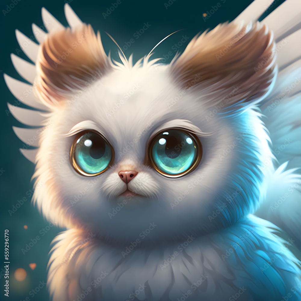 This whimsical illustration features a fluffy cat with majestic wings that stretch out behind it