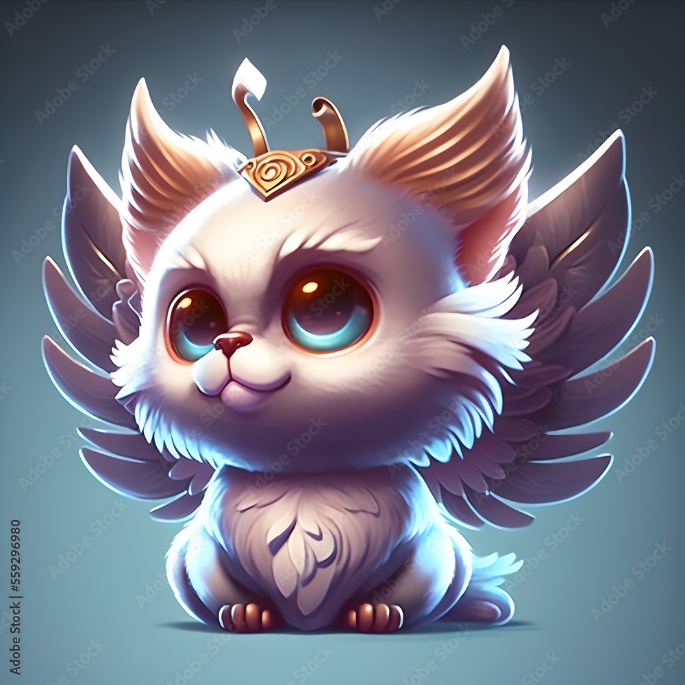 This whimsical illustration features a fluffy cat with majestic wings that stretch out behind it