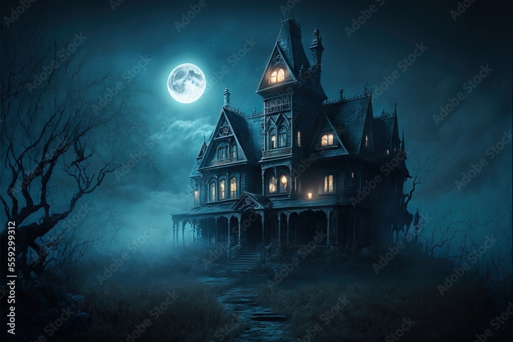 Creepy Haunted House at Night, Halloween Background, Concept Art, Digital Illustration, Generative AI