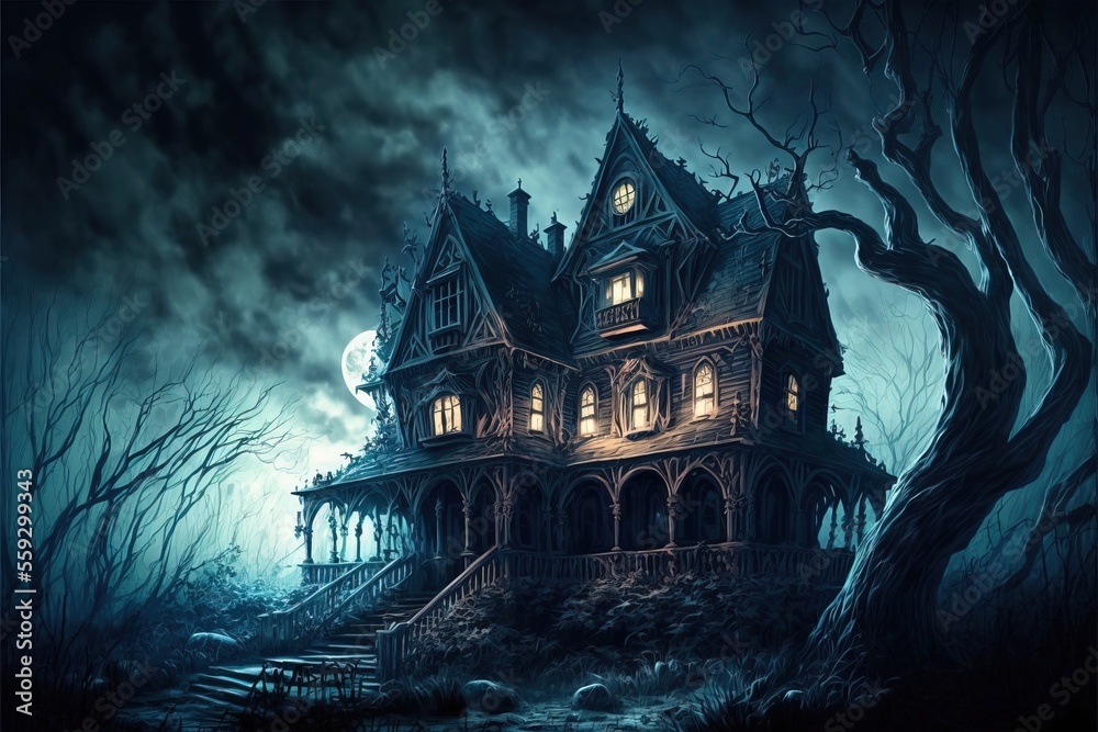 Creepy Haunted House at Night, Halloween Background, Concept Art, Digital Illustration, Generative AI