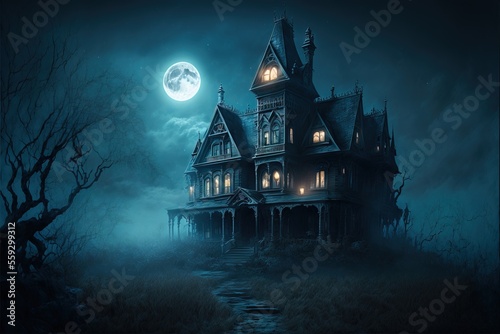 Creepy Haunted House at Night, Halloween Background, Concept Art, Digital Illustration, Generative AI