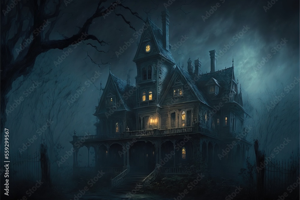 Creepy Haunted House at Night, Halloween Background, Concept Art, Digital Illustration, Generative AI