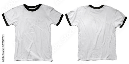 Wrinkled blank white ringer t-shirt template, front and back design