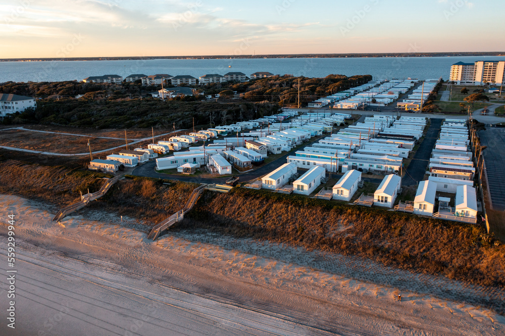 Aerial View of a Trailer Park Right on the Beach in North Carolina