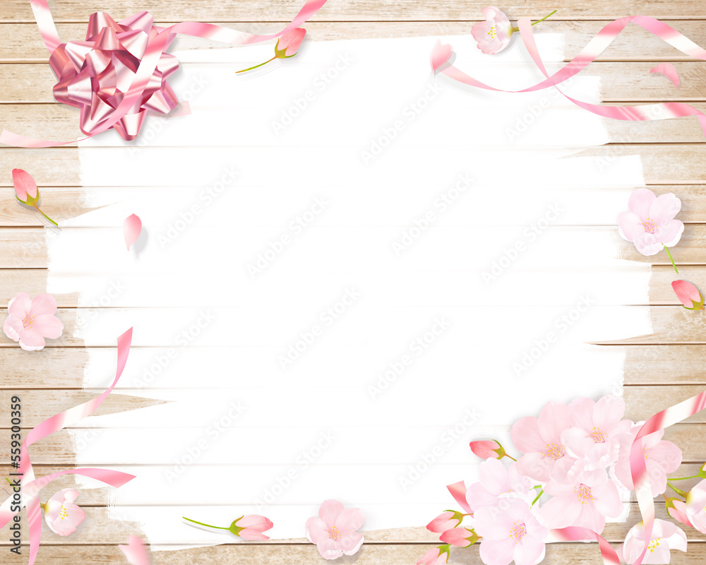Fototapeta premium 薄いピンク色のかわいい桜とリボン飾りー木目のボード白いペンキの塗りあとフレーム背景素材