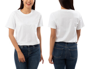 Young woman in white T shirt mockup isolated on white background with clipping path.