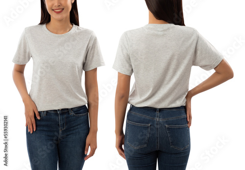 Young woman in grey T shirt mockup isolated on white background with clipping path.