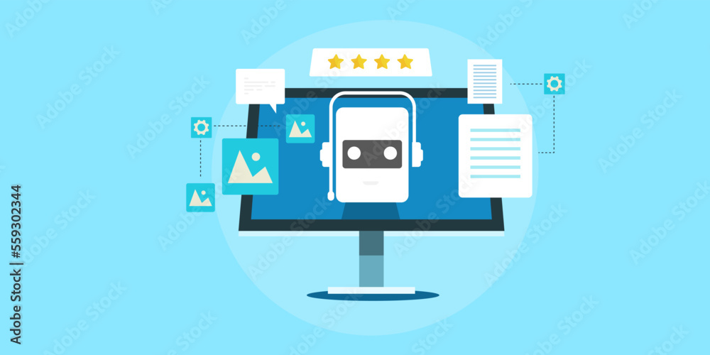 Concept of AI robot generating high quality image and text content with prompt words on computer screen. Web banner template. Concept of AI robot generating high quality image and text content with prompt words on computer screen. Web banner template.