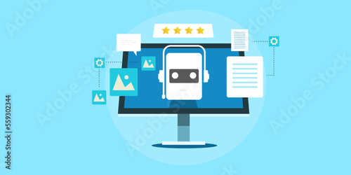 Concept of AI robot generating high quality image and text content with prompt words on computer screen. Web banner template.