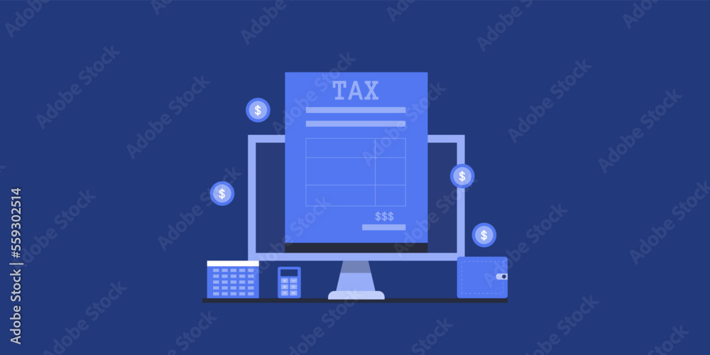 Tax form on computer screen, calendar and calculator, financial accounting and payment date reminder, conceptual income tax banner. Tax form on computer screen, calendar and calculator, financial accounting and payment date reminder, conceptual income tax banner.
