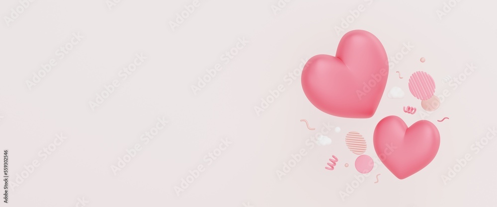 valentines concept background. hearts shape floating with elements banner, copy space 3d illustration