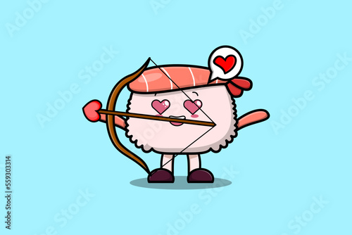 Cute cartoon mascot character romantic cupid Sushi shrimp with love arrow in modern design 