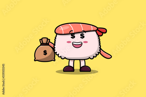 Cute cartoon Crazy rich Sushi shrimp with money bag shaped funny in modern design illustration