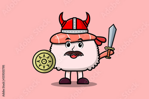 Cute cartoon character Sushi shrimp viking pirate with hat and holding sword and shield illustration